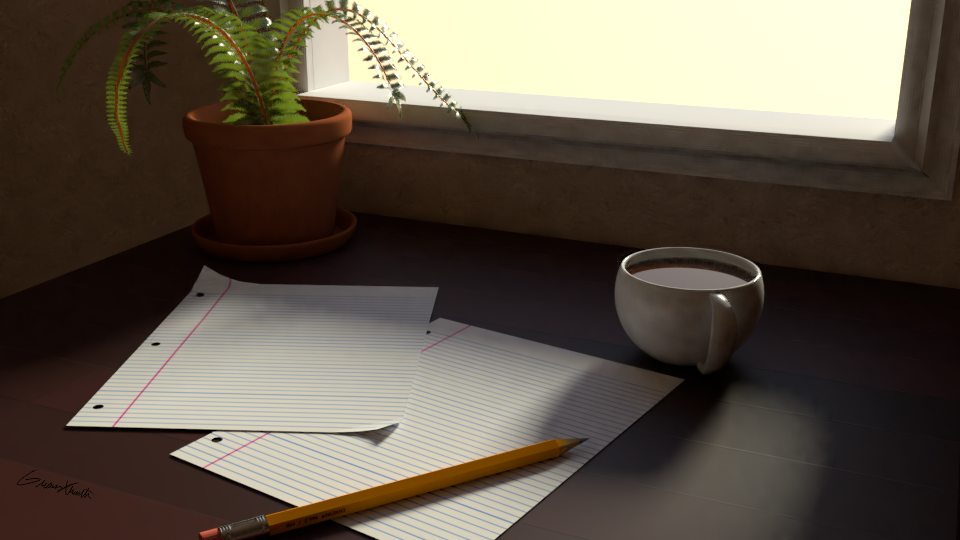 A simple photorealistic scene of a desk with some papers, a potted plant, and a drink.