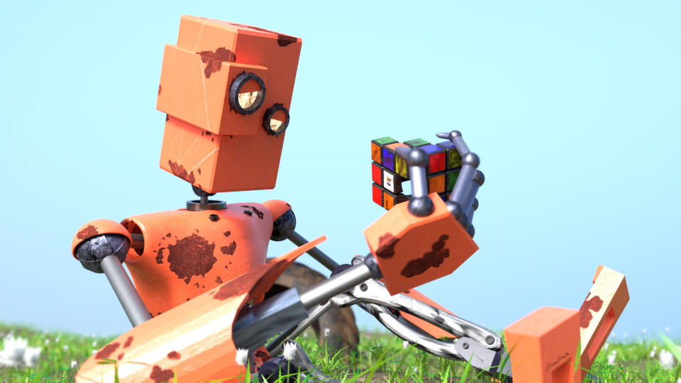 A photorealistic render of a rusty orange robot contemplating a broken Rubiks cube.