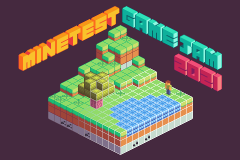 A pixel-art terrain of cubes with blueprint gridlines.